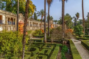 Landscape of Grutescos Alcazar gardens in Seville, Spain