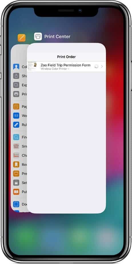 Open the App Switcher then tap Print Center