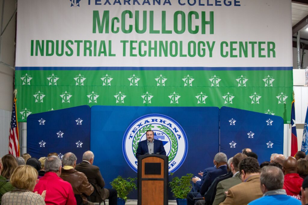 Chris McCulloch, Vice President of Wholesale Electric Supply Company, Inc., speaks to guests at the grand opening ceremony of Texarkana College’s McCulloch Industrial Technology Center