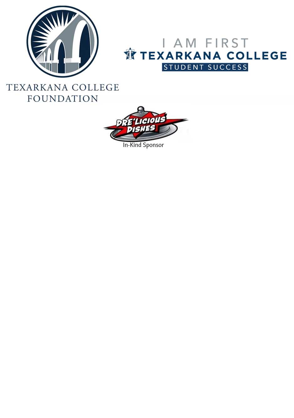 Logos of Texarkana College Foundation, Texarkana College Student Success, and in-kind sponsor PreLicious Dishes displayed on a white background.