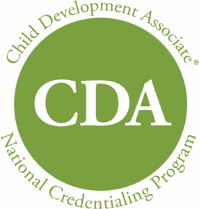 Green circular logo with CDA in large white letters at the center. Around the edge, it reads Child Development Associate National Credentialing Program.