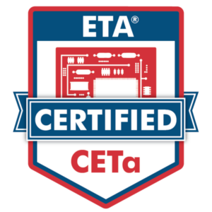 A badge with ETA CERTIFIED CETa text, a red outline, and a graphic of a circuit board in the background, representing the ETA Certified Electronics Technician Associate qualification.