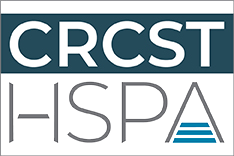 Logo with the text CRCST in white letters on a teal background above HSPA in gray letters, with the A stylized using blue horizontal lines at the bottom.