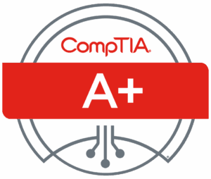 CompTIA A+ certification badge featuring a large red banner with A+ in white text and CompTIA above it, over a stylized circular circuit design in gray and white.