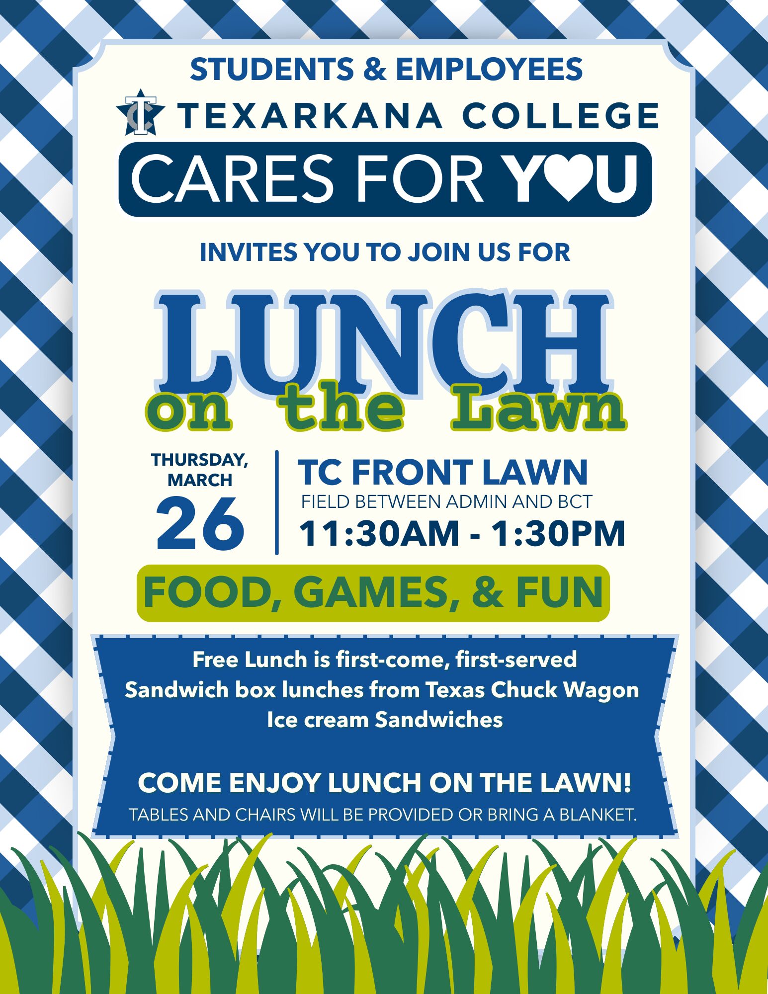 Event flyer with a blue plaid border inviting students and employees to Lunch on the Lawn at Texarkana College, March 26, 11:30 AM–1:30 PM, with free food, games, and fun on the TC Front Lawn.