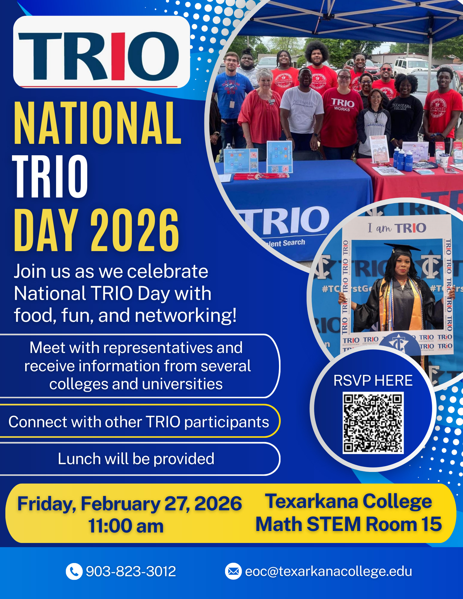 Flyer for National TRIO Day 2026 at Texarkana College. Details event date, time, location, food, networking, and RSVP QR code. Includes TRIO logo, photos of participants, and contact info.