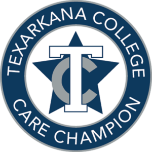 A blue and white circular badge with Texarkana College Care Champion written around a large T and C over a star in the center.
