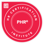 A red circular badge with white text reading HR Certification Institute around the edge and PHR® in the center, with a small icon of a document in the upper left corner.