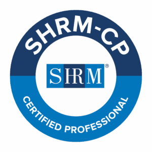 A circular SHRM-CP badge with SHRM-CP at the top, the SHRM logo in the center, and Certified Professional written at the bottom on a blue background.