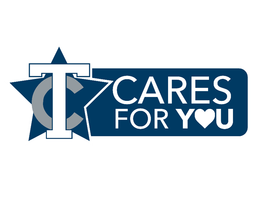 Logo with a large letter T outlined in white over a star and the letter C. To the right, text reads CARES FOR YOU with the O in YOU shaped like a heart, all in a blue rectangular background.