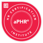 A red circular badge with white dotted lines and text reading HR Certification Institute and aPHR® in the center. A small square icon with a document symbol is in the upper left corner.