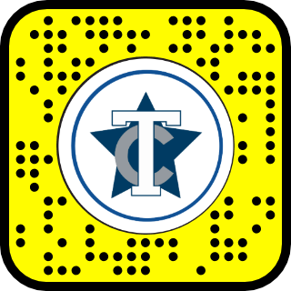 A yellow Snapchat Snapcode with black dots and a central icon featuring a blue star, a white T overlapping a gray C, all inside a blue circle.