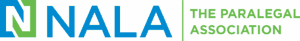 NALA logo with a stylized green and blue N on the left and blue text NALA beside it. To the right, green text reads The Paralegal Association on a white background.