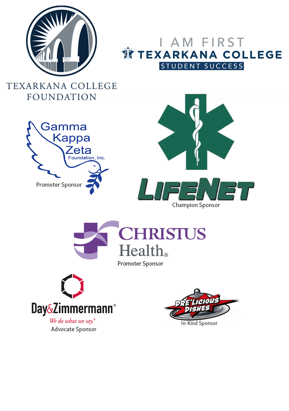 Logos of sponsors: Texarkana College Foundation, Texarkana College Student Success, Gamma Kappa Zeta, LifeNet, CHRISTUS Health, Day & Zimmermann, and Delicious Dishers. Each logo is displayed with its sponsor level.