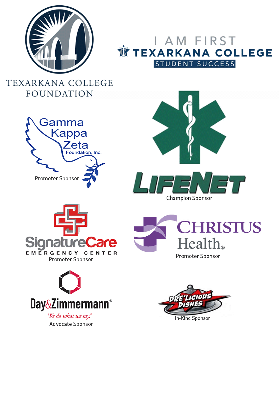 A collection of sponsor logos for Texarkana College Foundation, including Gamma Kappa Zeta, LifeNet, SignatureCare, Christus Health, Day & Zimmermann, and Prelicious Pies, with their sponsor levels.