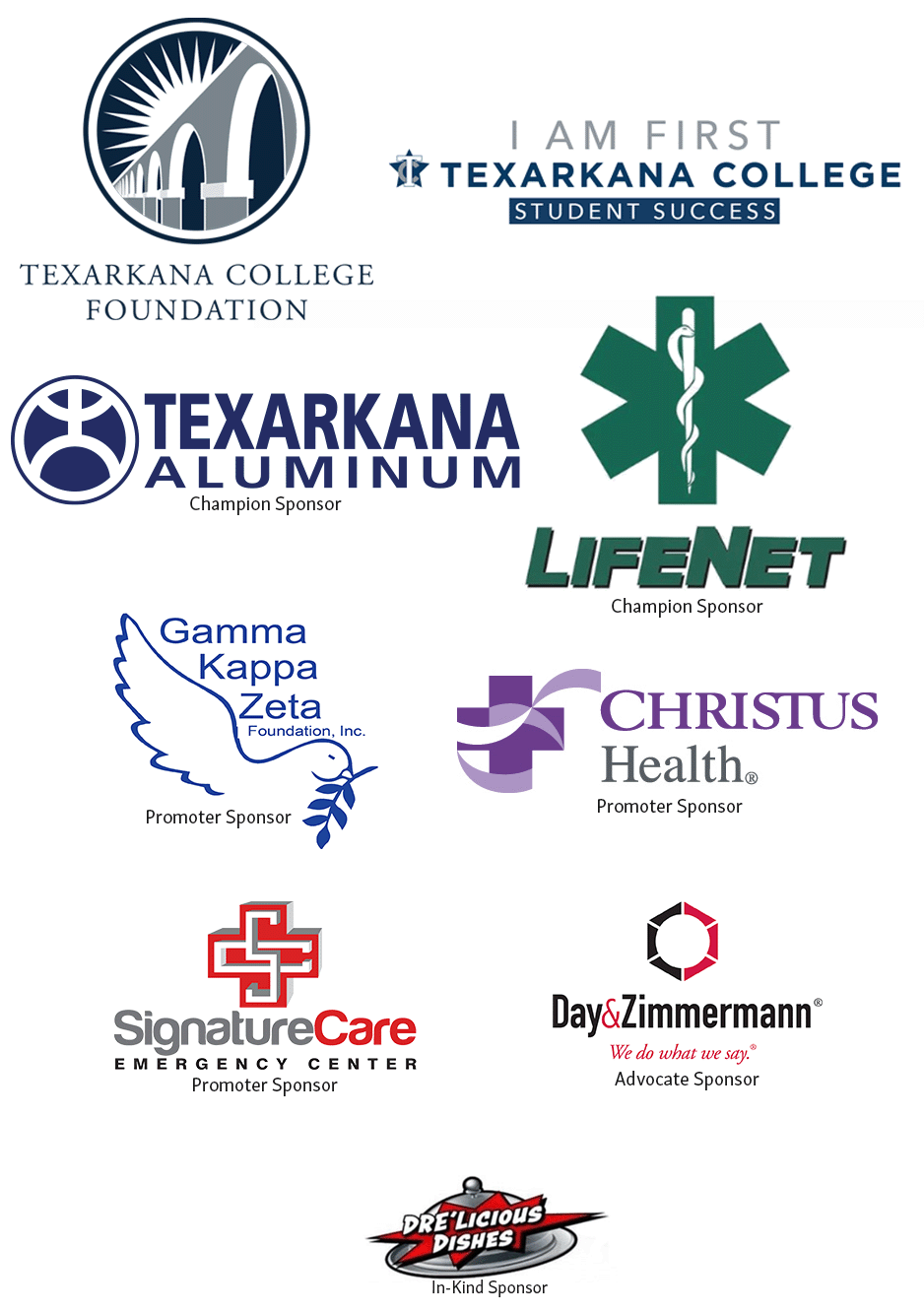 A collection of sponsor logos, including Texarkana College Foundation, Texarkana Aluminum, LifeNet, Gamma Kappa Zeta Foundation, CHRISTUS Health, SignatureCare, Day & Zimmermann, and PrE-Licious Dishes.