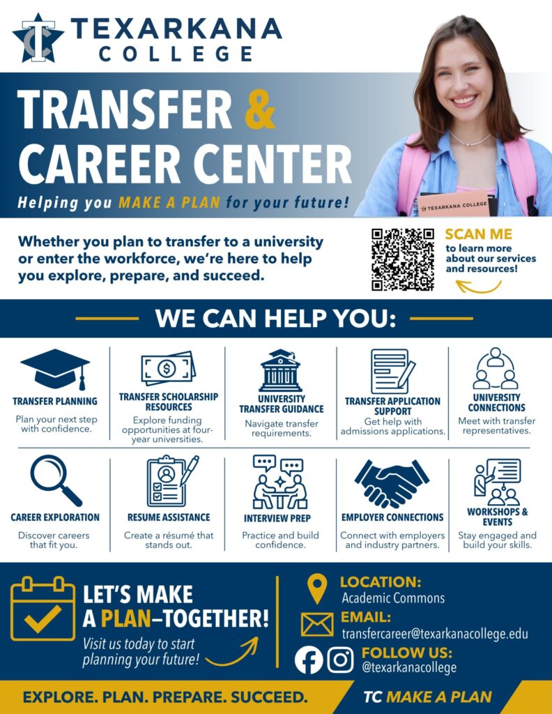 Texarkana College Transfer & Career Center flyer featuring a smiling woman. Lists services: transfer planning, scholarships, university guidance, resume help, job connections, workshops, and more. Contact info and QR code included.