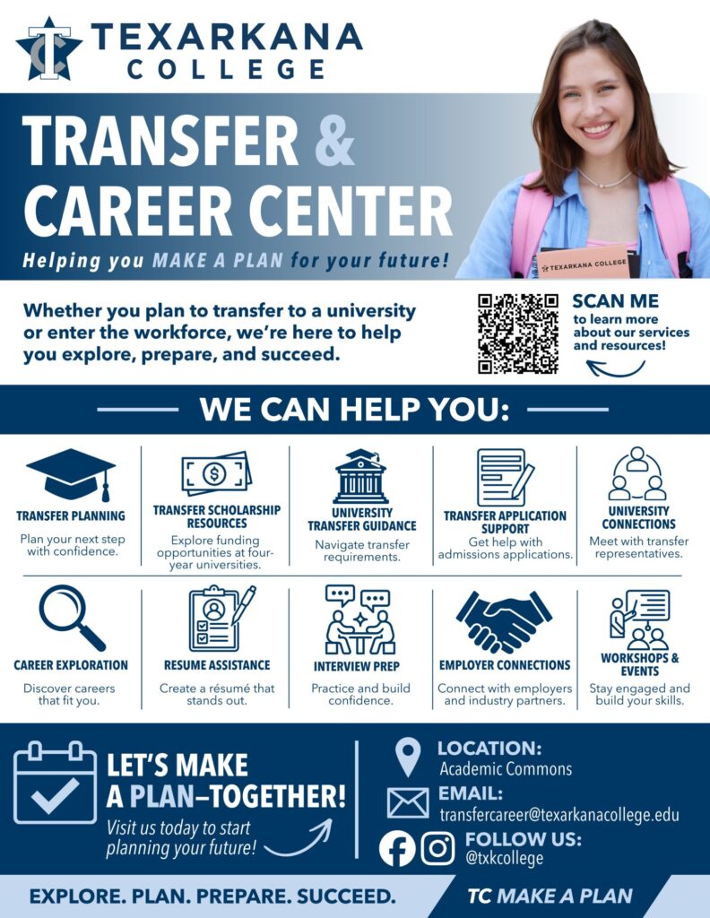 Texarkana College Transfer & Career Center flyer with info on services like transfer planning, scholarships, career exploration, resume help, employer connections, and workshops. Smiling woman at top right. Contact details provided.