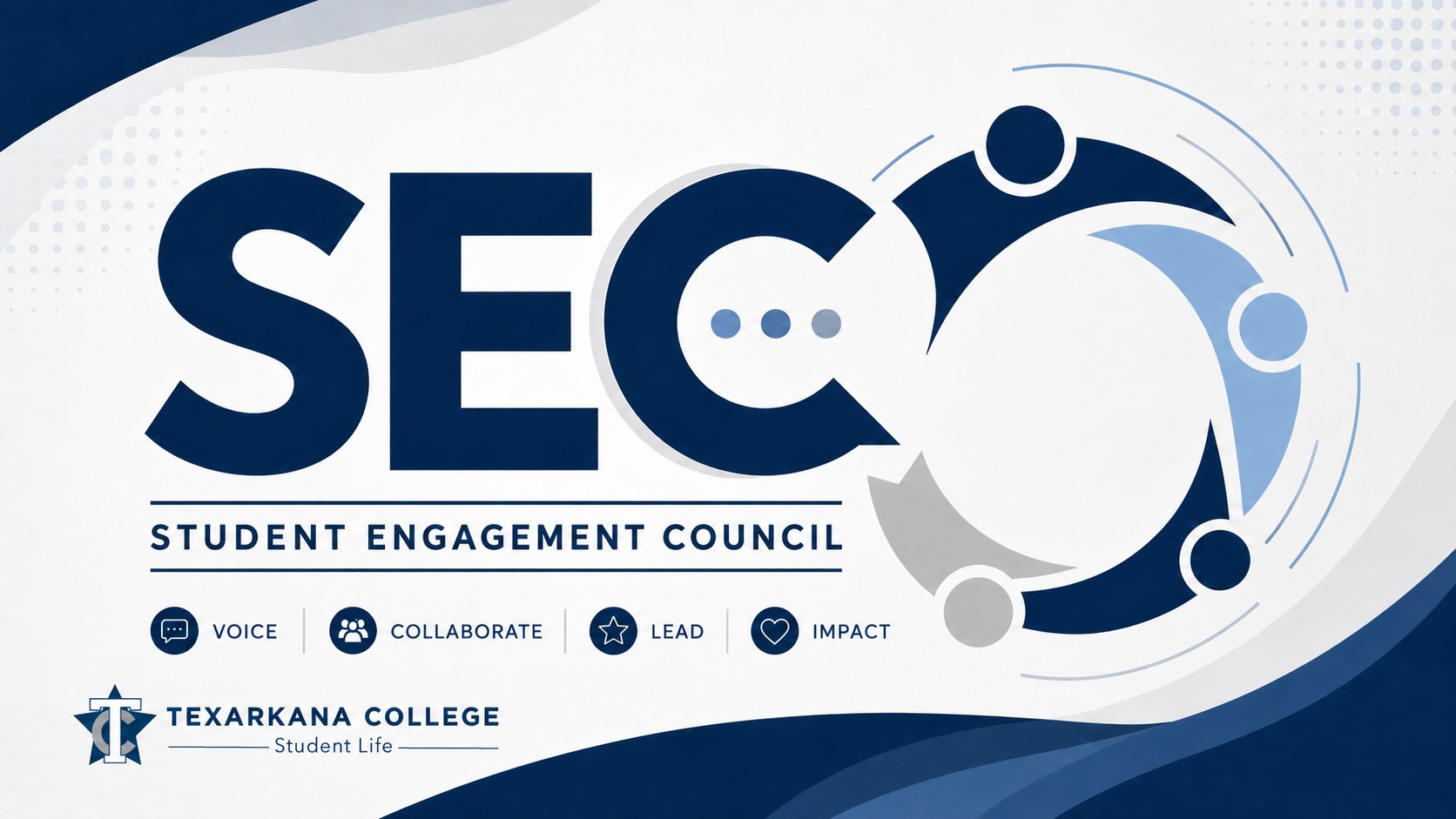 Graphic featuring the text SEC Student Engagement Council with abstract circular figures. Icons below represent voice, collaboration, leadership, and impact. Blue and gray color scheme with wave and dot patterns.