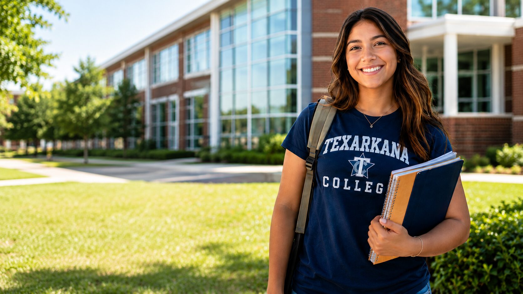 A student smiling outdoors while holding notebooks, wearing a Texarkana College T-shirt, with a large brick and glass campus building in the background.