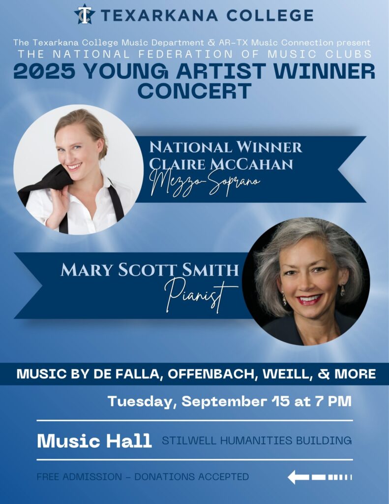 Concert poster for the 2025 Young Artist Winner Concert featuring Claire McCahan and Mary Scott Smith, with event details, photos of both artists, and information about free admission at Texarkana College.