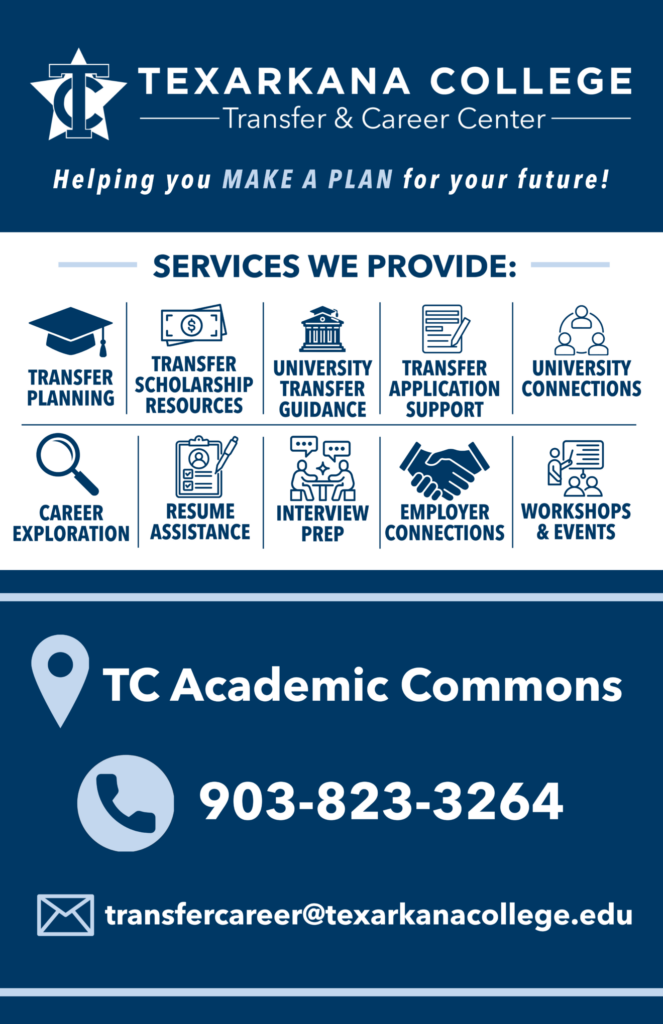 Texarkana College Transfer & Career Center flyer listing services like transfer planning, scholarships, resume help, workshops, and contact info: TC Academic Commons, 903-823-3264, transfercareer@texarkanacollege.edu.