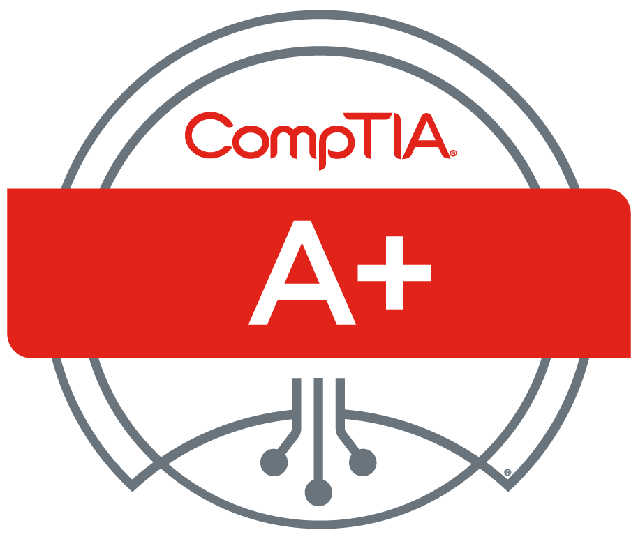 CompTIA A+ certification badge featuring a large red A+ in the center and the CompTIA logo above, with a stylized circuit design at the bottom.