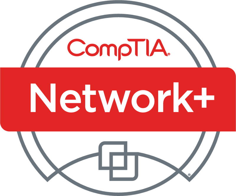 CompTIA Network+ certification badge with a red and white design, featuring the CompTIA logo above the word Network+ in bold white text on a red rectangle, over a circular graphic background.