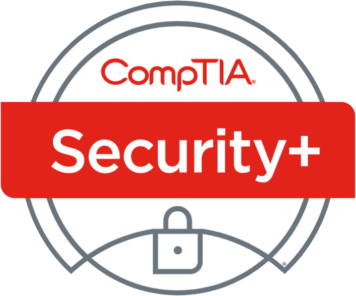 CompTIA Security+ logo featuring a red banner with Security+ in white text, the word CompTIA above it, and a padlock icon at the bottom, symbolizing cybersecurity certification.