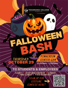 Colorful Halloween Bash flyer with a grinning jack-o-lantern, cauldron, ghost, bats, and purple swirls. Event details include October 29, 11am-1:30pm, at Pinkerton Center Gym for TC students and employees.