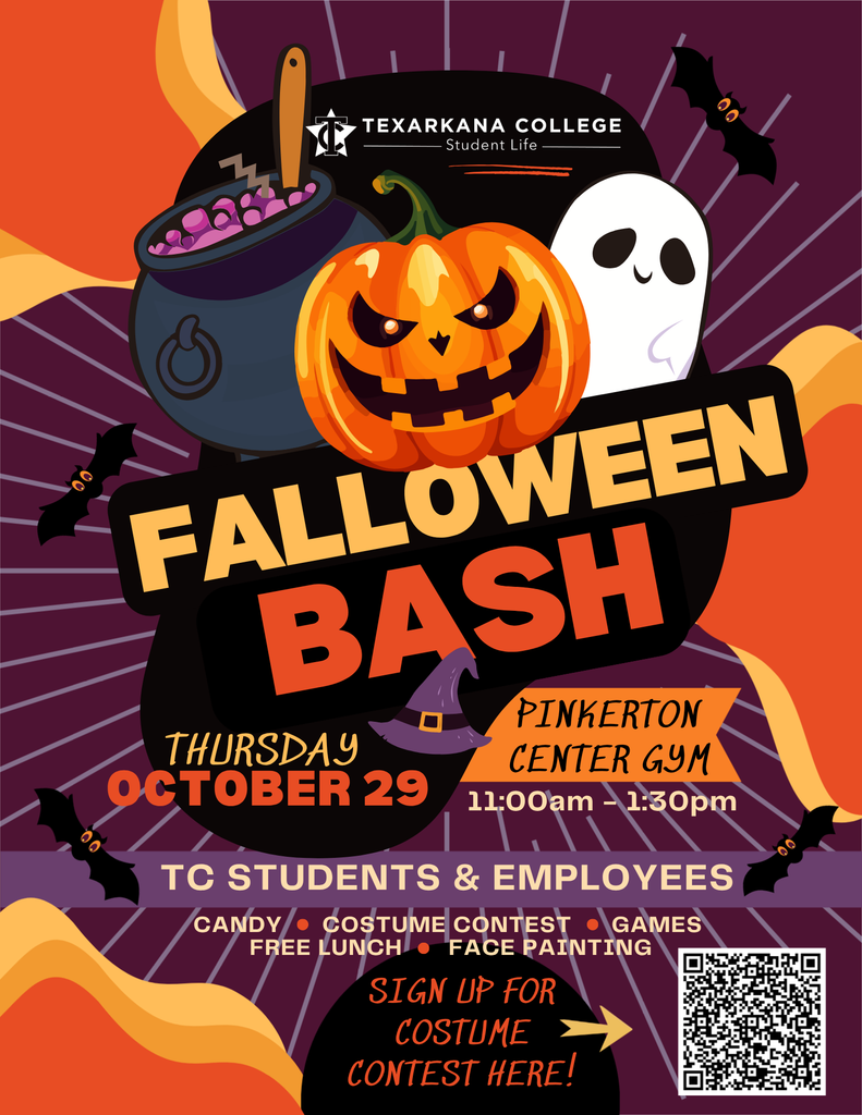 Colorful Halloween Bash flyer with a grinning jack-o-lantern, cauldron, ghost, bats, and purple swirls. Event details include October 29, 11am-1:30pm, at Pinkerton Center Gym for TC students and employees.