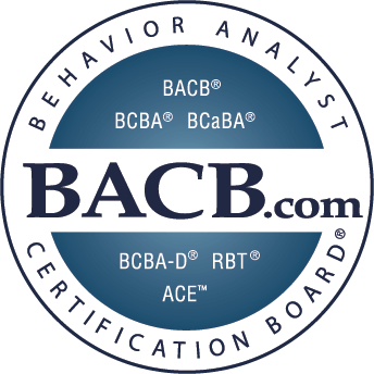 Circular logo for the Behavior Analyst Certification Board with BACB.com at the center and various certifications (BACB, BCBA, BCaBA, BCBA-D, RBT, ACE) listed inside a blue and white border.