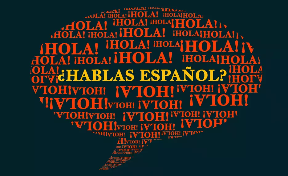 A speech bubble filled with repeated orange and red ¡HOLA! texts surrounds the yellow phrase ¿HABLAS ESPAÑOL? on a dark background.