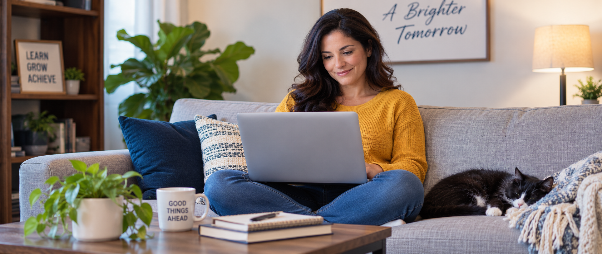 Woman in yellow sweater sits cross-legged on a couch using a laptop. A cat sleeps beside her. There are books, a mug, and plants on the table. A sign in the background reads A Brighter Tomorrow..