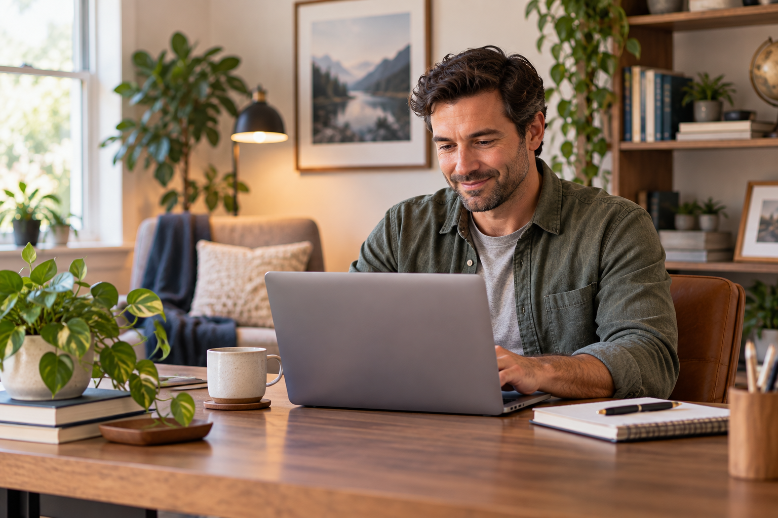 Man smiling while working on a laptop at a wooden desk in a cozy, well-lit home office with plants, books, and framed art in the background.