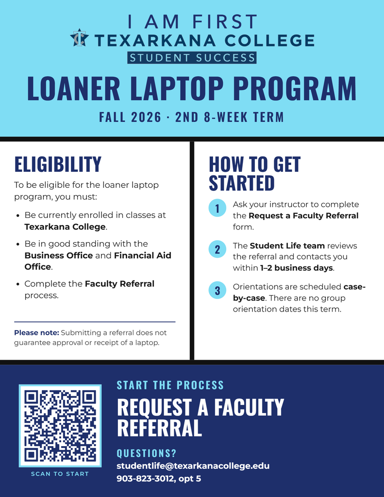 Texarkana College Loaner Laptop Program flyer for the Fall 2026 2nd 8-week term, outlining eligibility requirements, the referral process, and contact information, including a QR code for students to request a referral.